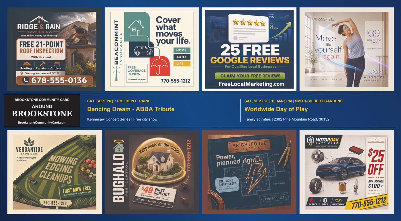 Around Brookstone side of the community card with neighborhood events and local business advertisements