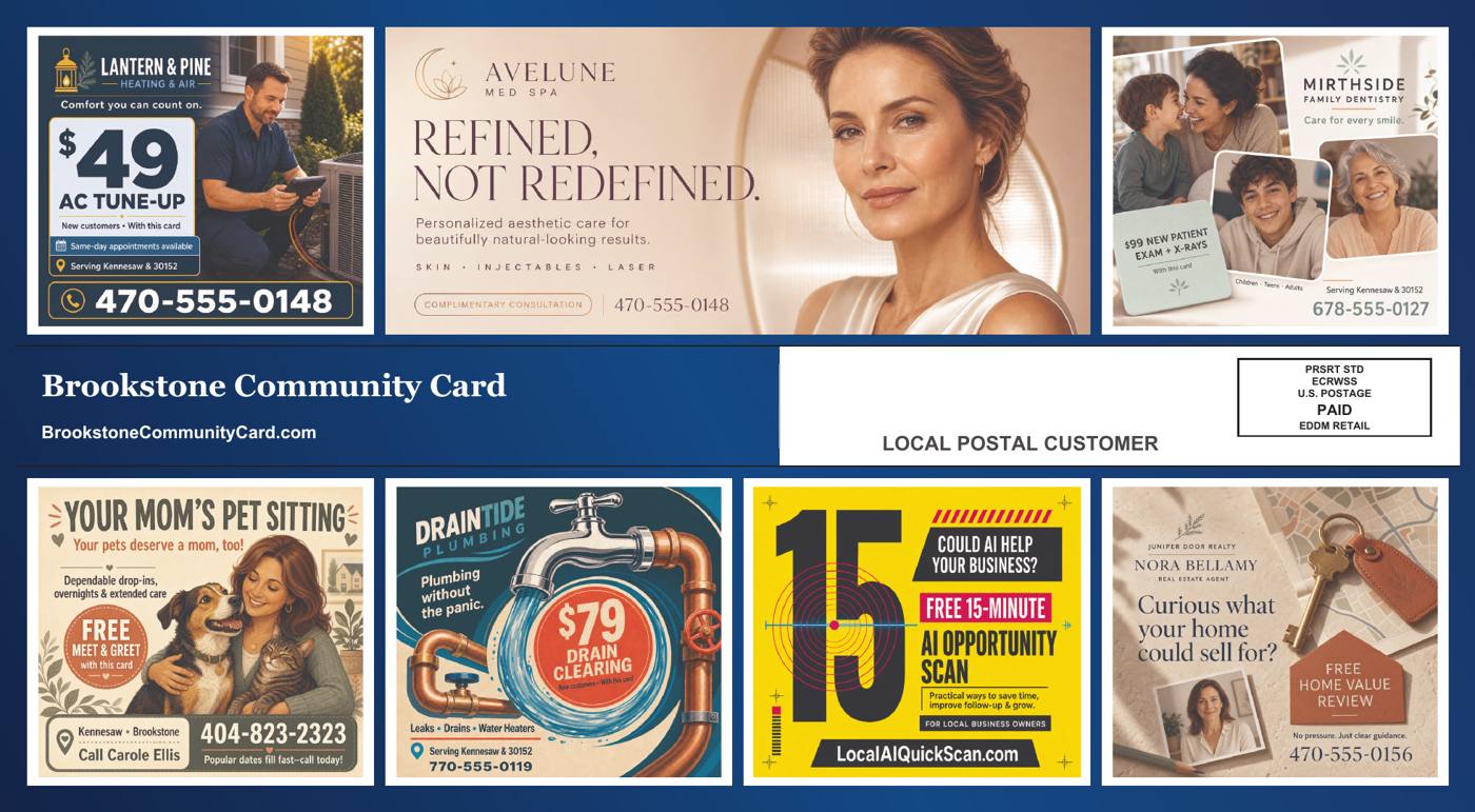 Advertising side of the Brookstone community card with local business advertisements